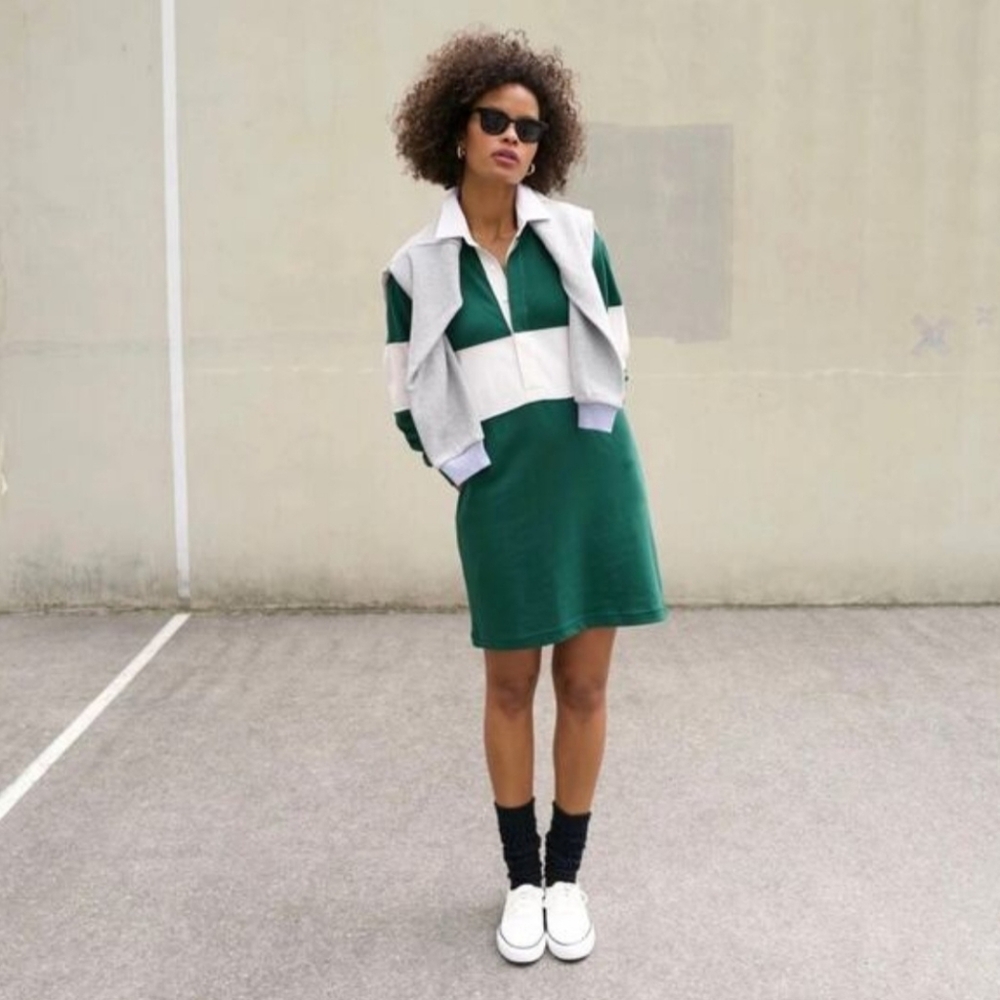 AYR Size Medium Green And White Striped Collared Zoe Rugby Style Dress